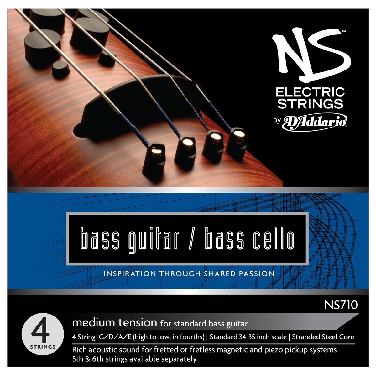 DAddario NS Electric Bass Guitar/Cello String Set 4/4 Size Medium