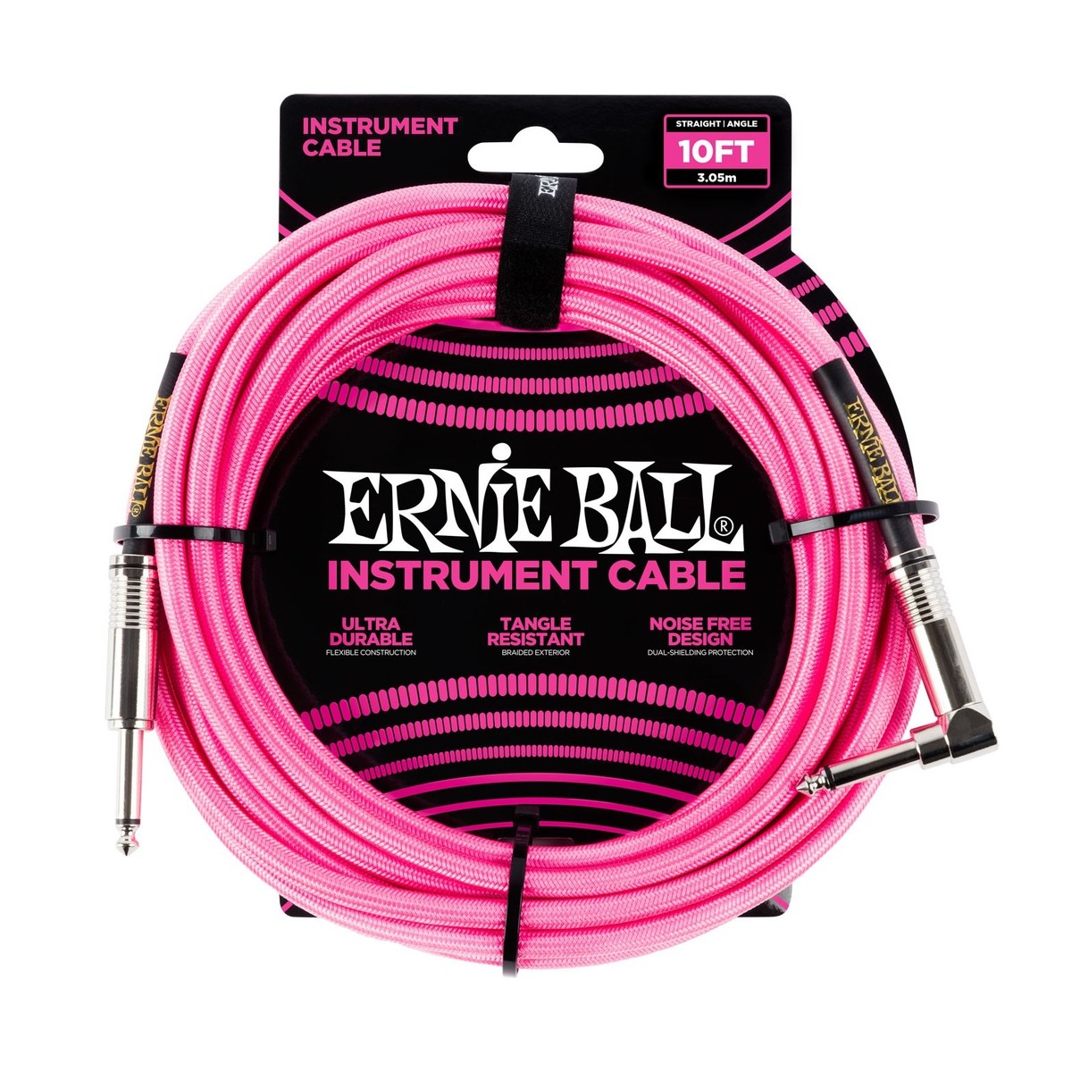 Ernie Ball P06078 10ft Straight-Angle Braided Cable Neon Pink