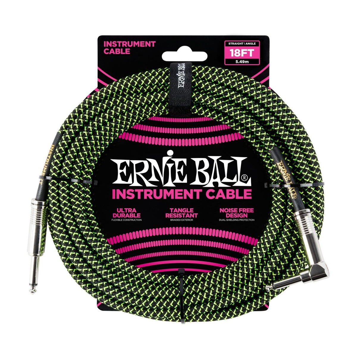 Ernie Ball P06082 18ft Straight-Angle Braided Cable Black/Green