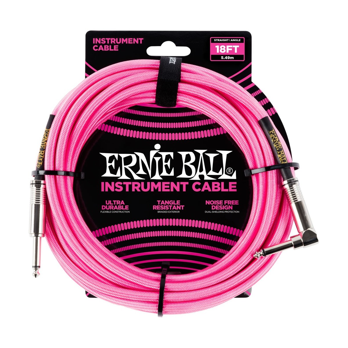 Ernie Ball P06083 18ft Straight-Angle Braided Cable Neon Pink