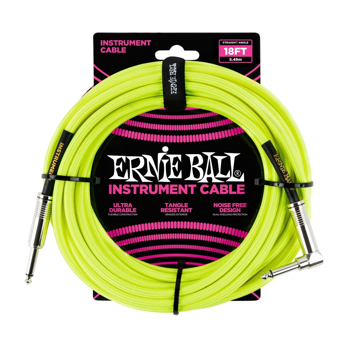 Ernie Ball P06085 18ft Straight-Angle Braided Cable Yellow