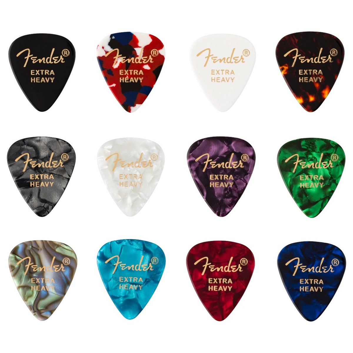 Fender 351 Shape Celluloid Medley Extra Heavy Picks Pack of 12